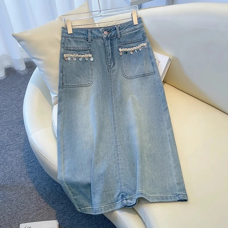 欧货重工亮片牛仔半身裙女2025春夏新款高腰薄款直筒包臀一步长裙