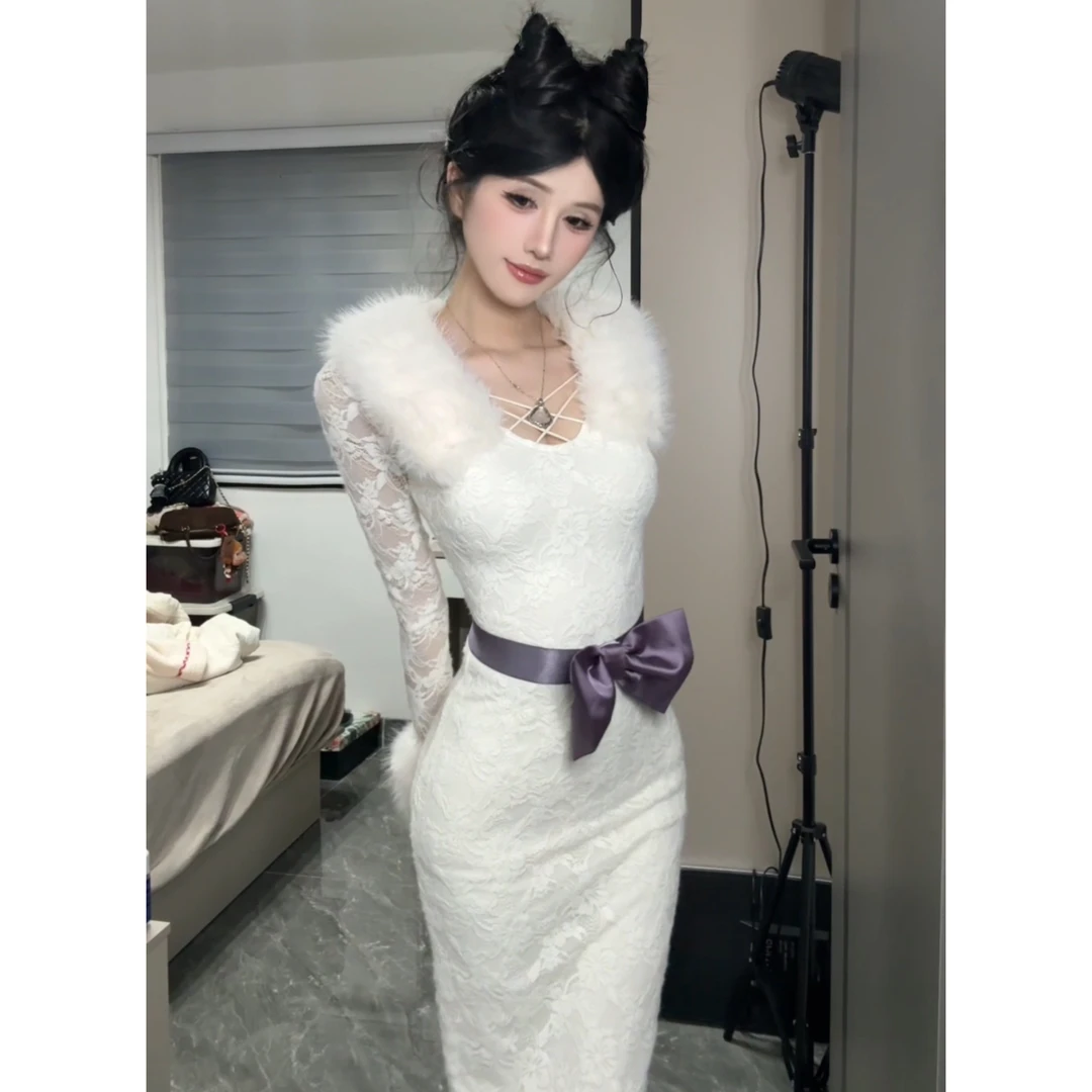 维尼【雪绒猫姬】秋冬包臀裙毛领修身温柔设计款连衣裙N
