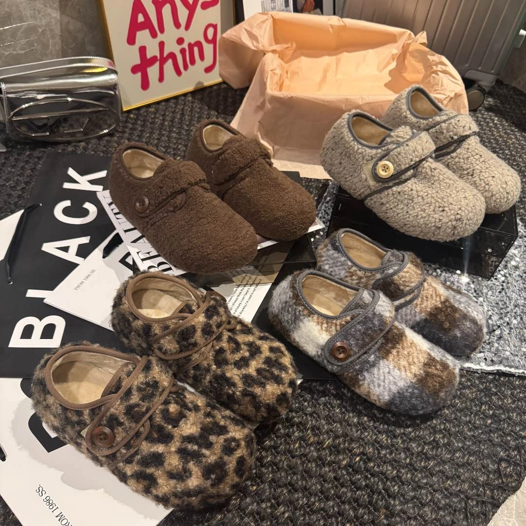 复古豹纹羊羔绒毛毛鞋女2025冬季新款外穿浅口加绒平底单鞋