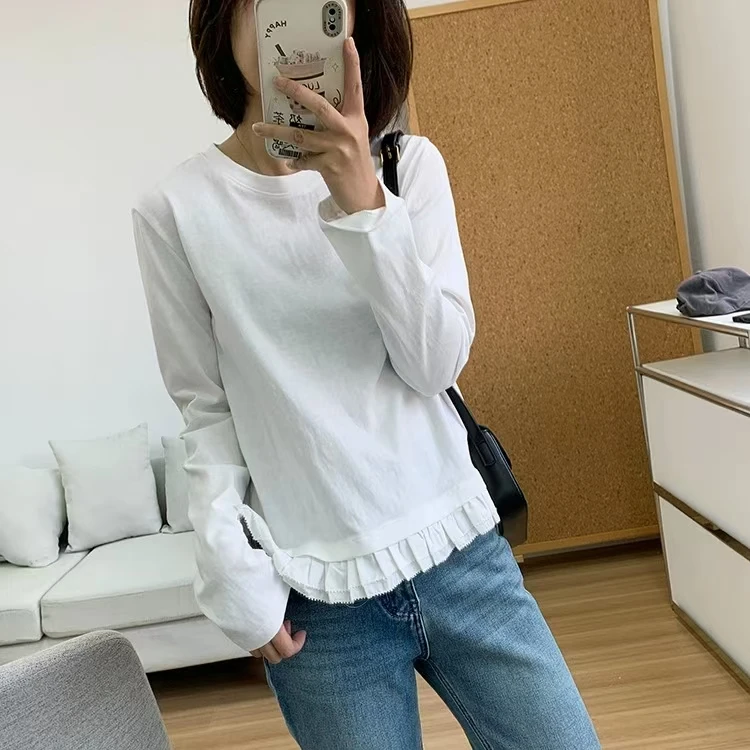 掌柜家25年新款韩版早春蕾丝拼接白色圆领长袖t