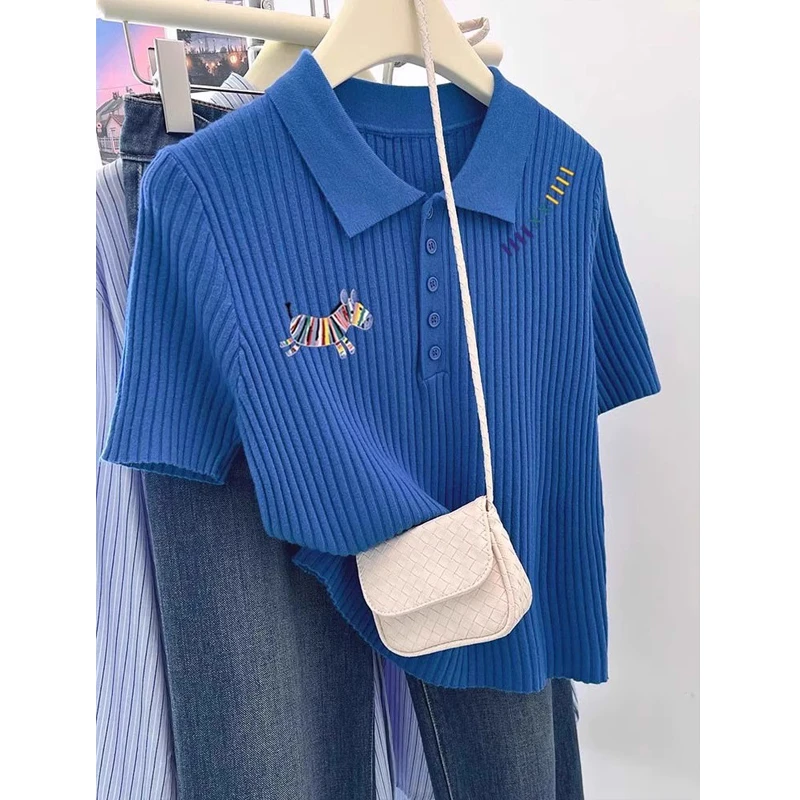 蓝色彩虹小马正肩针织短袖女夏季新款洋气减龄时尚polo领大码上衣