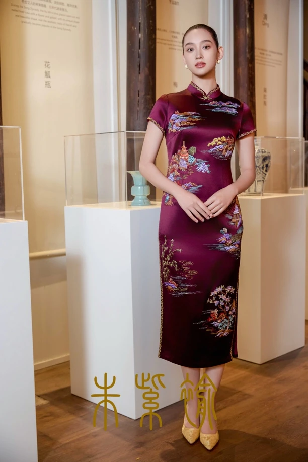 朱紫褕170212中国风旗袍高档中长款复古修身中式/枣红色/气质款