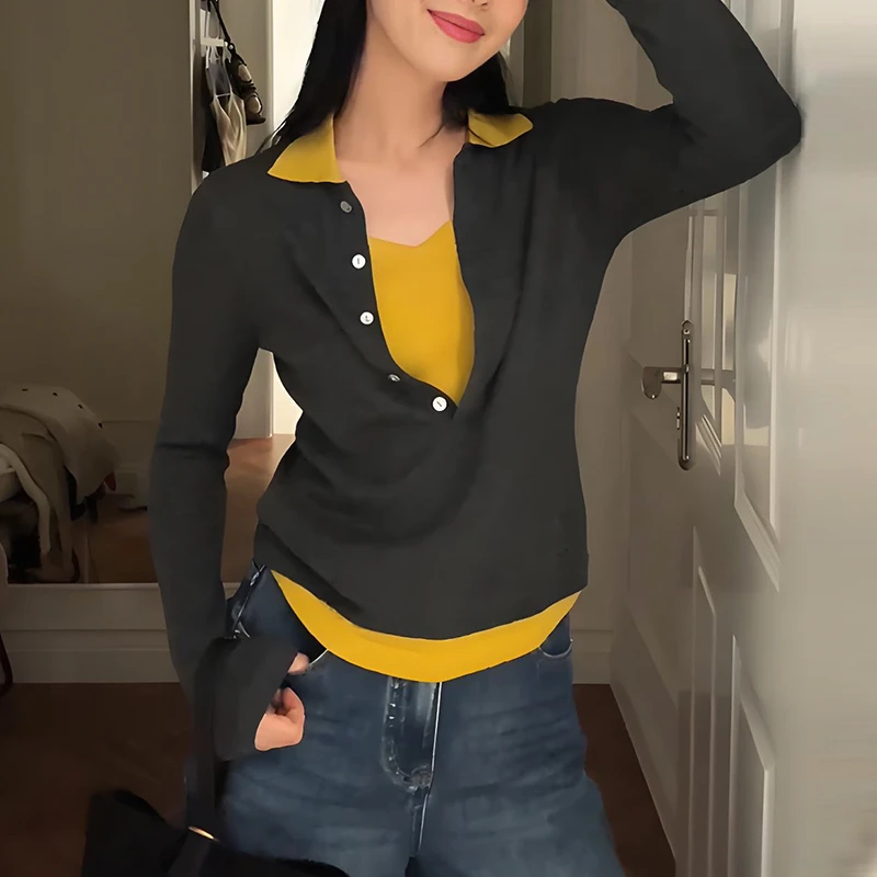 韩版气质假两件撞色长袖针织衫女2025秋季新款修身显瘦翻领上衣潮