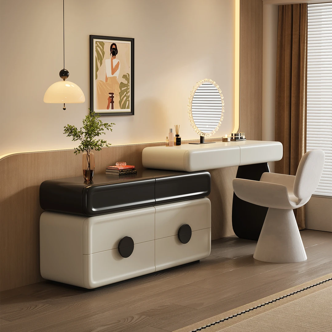 2025新款主卧室奶油风梳妆台斗柜一体现代简约轻奢高级床尾化妆桌