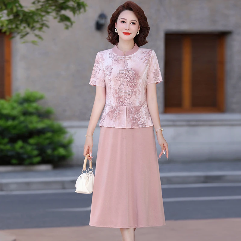 母亲节立领中长裙常规款中老年女装裙子时尚中长款女装中式连衣裙