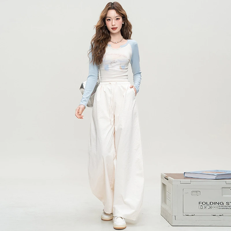 贝壳弯刀阔脚裤女2025夏季新款宽松休闲高腰垂感弧形拖地长裤子