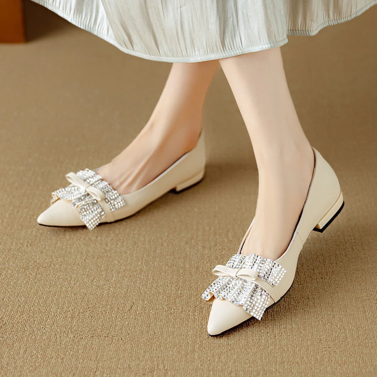 羊皮~1.8cm法式单鞋女2025春秋新款浅口蝴蝶结水钻尖头低跟小皮鞋