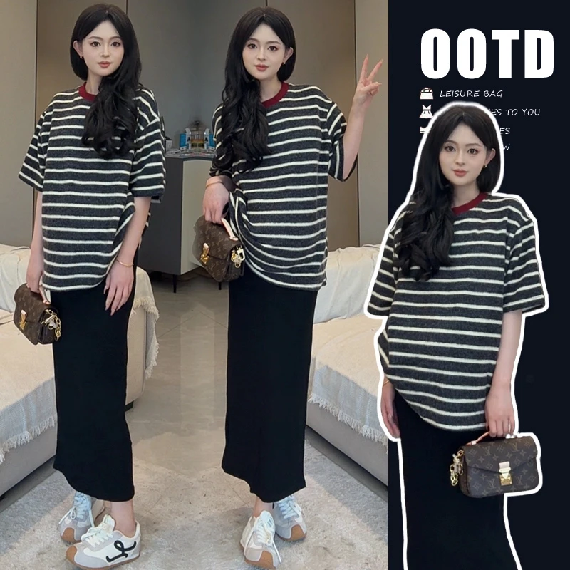 【小羊私服】孕妇装2025新款洋气时尚产前产后可穿条纹上衣半身裙