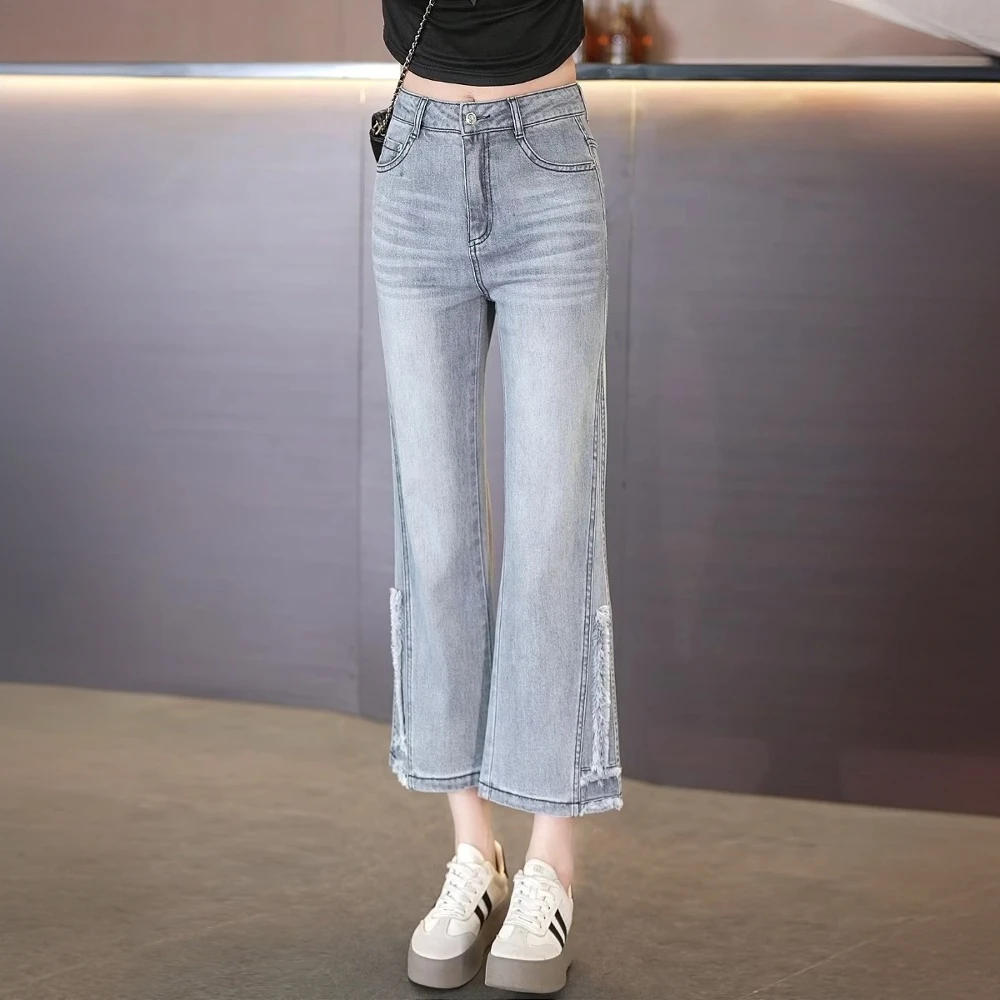 2025新款浅灰色八九分微喇牛仔裤女夏季薄款高腰显瘦小个子女裤夏