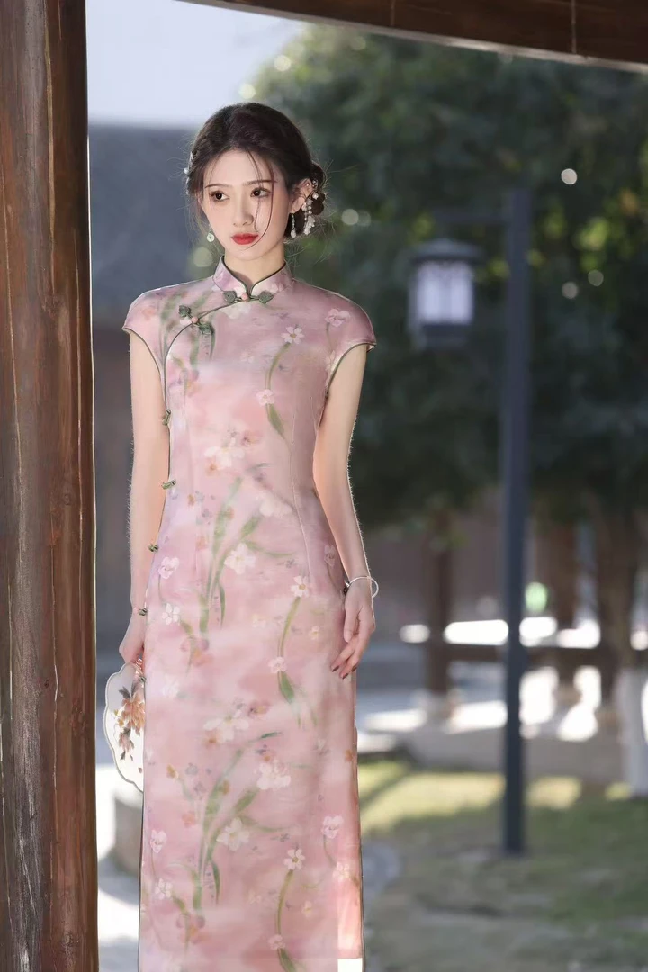 夏季新款2024高端优雅气质粉色长款旗袍日常修身显瘦