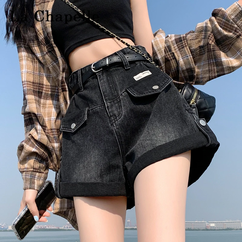 拉夏贝尔黑色牛仔短裤女夏季薄款新款高腰卷边a字阔腿辣妹热裤