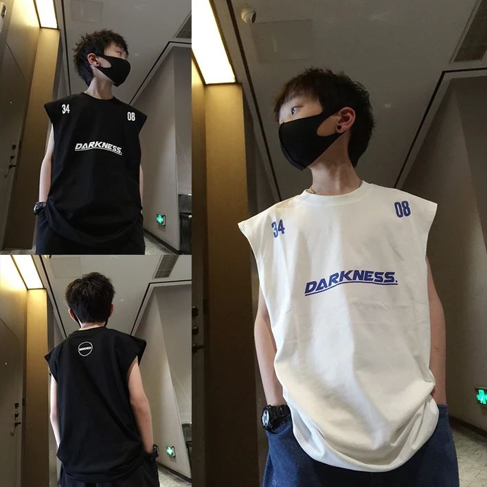 中大童无袖背心潮牌欧美数字字母印花嘻哈街舞服儿童上衣男童T恤