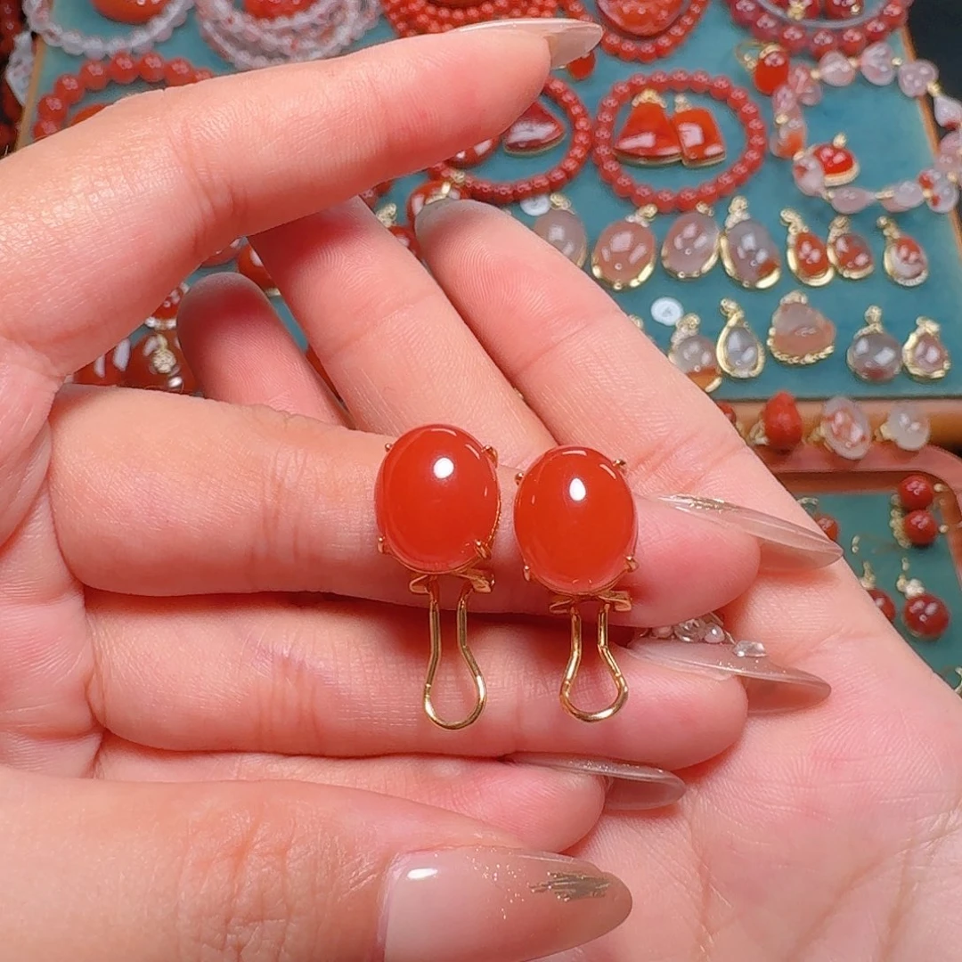 南红玛瑙银S925镶嵌耳夹