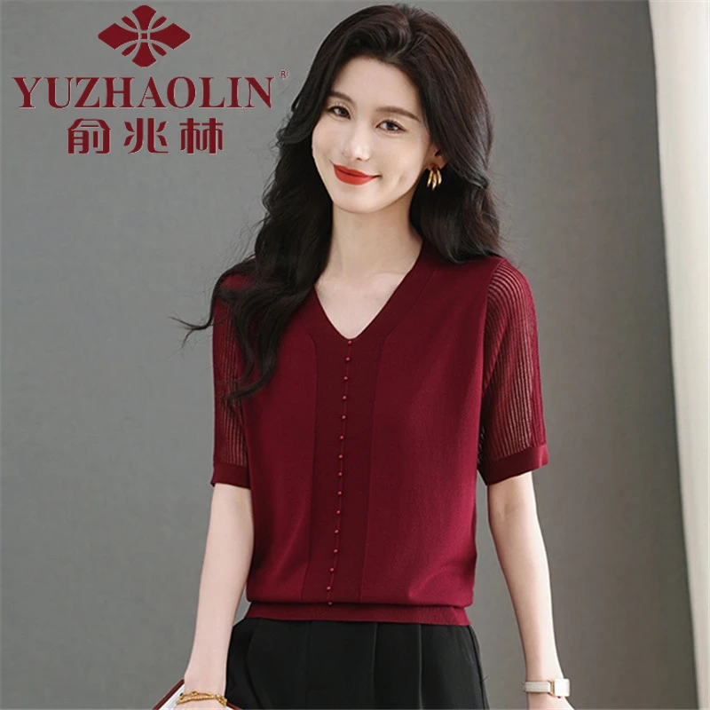 俞兆林领2025夏季新款洋气针织恤时尚短袖上衣薄款冰丝套头体恤女