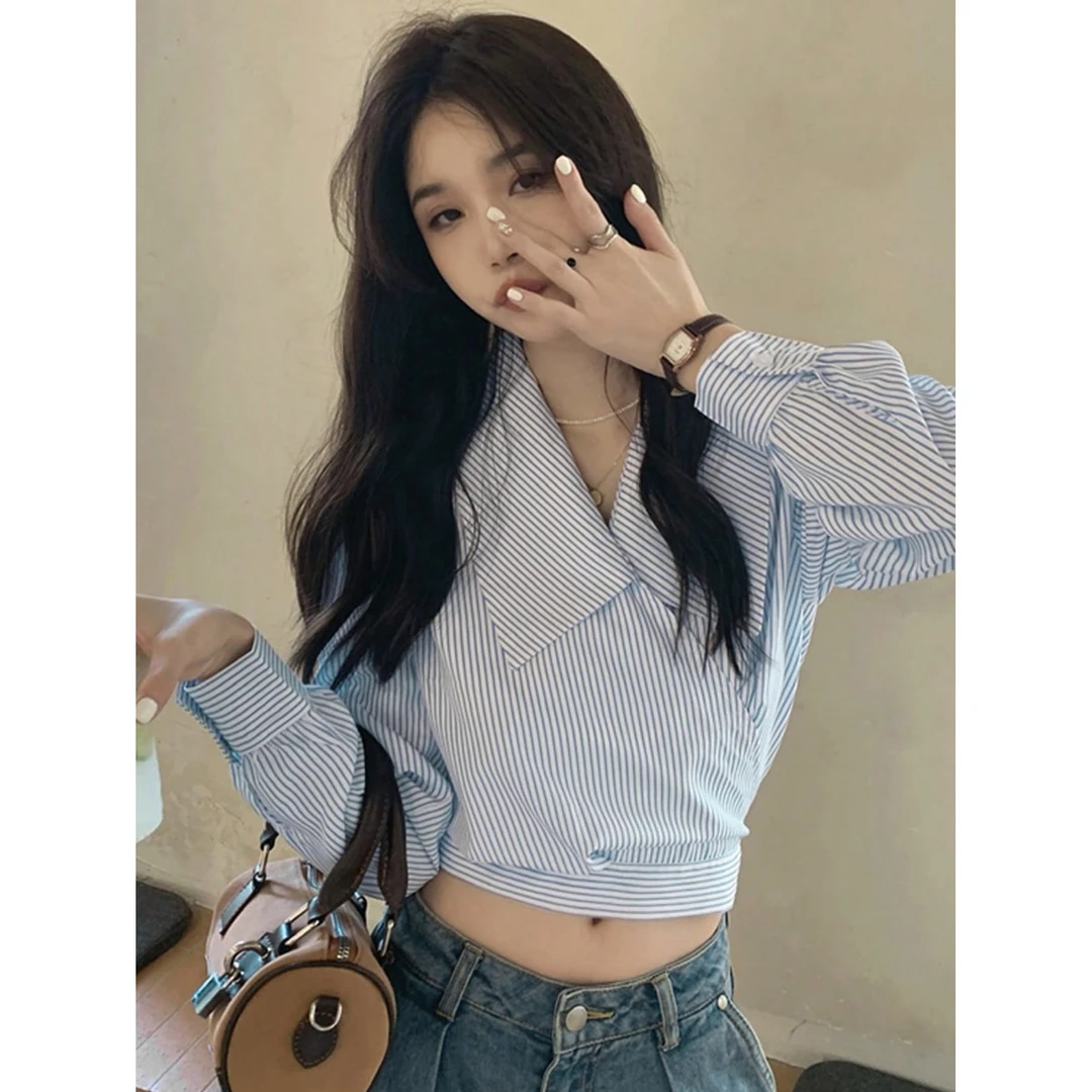 韩系条纹polo长袖上衣女小个子早秋小众春秋卡腰甜辣短款别致衬衫