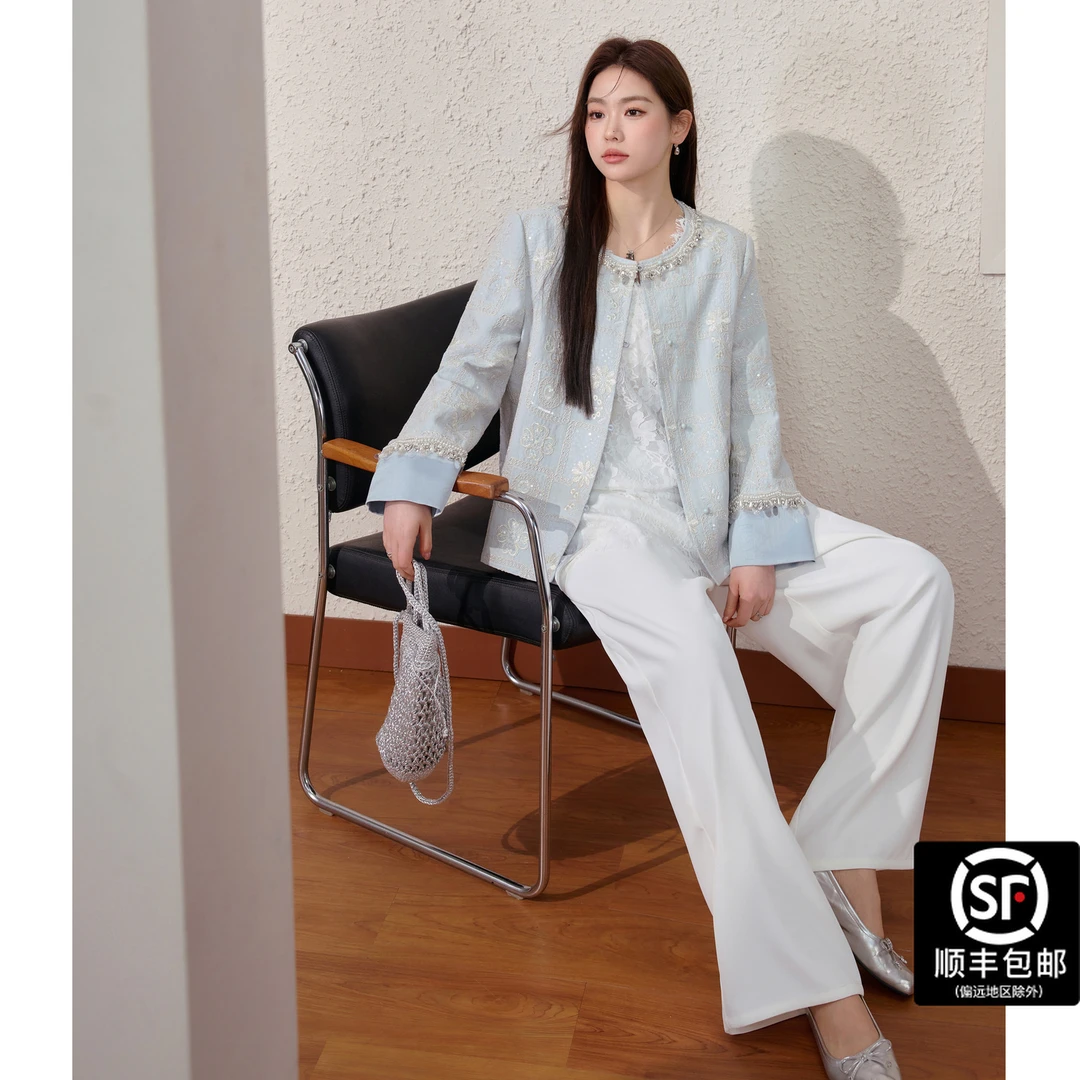 蓝语【欧若风】大码女装新中式重工外套显瘦阔腿裤秋季套装03550