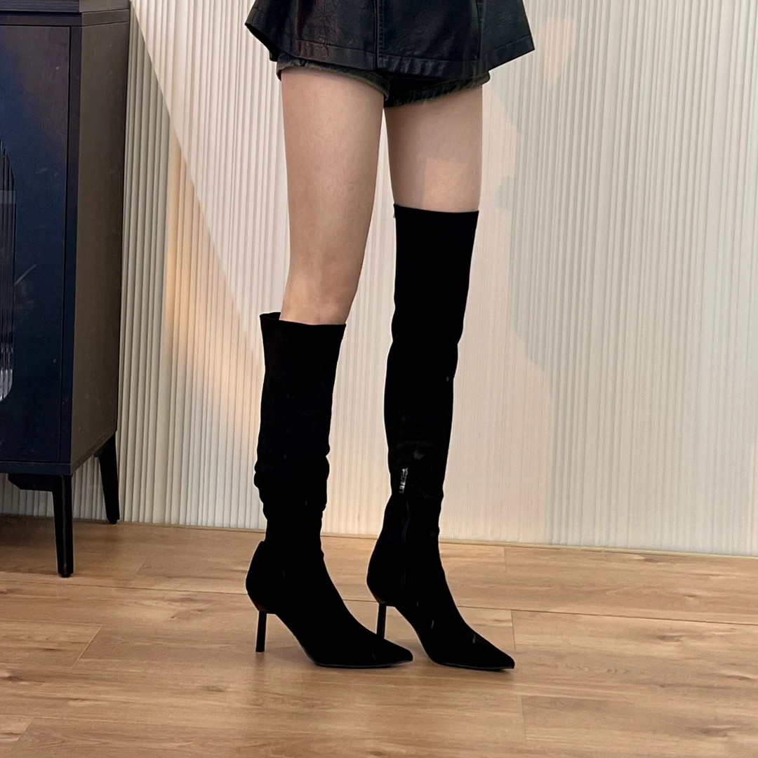 7厘米两穿显瘦过膝长靴尖头细跟弹力瘦瘦靴袜靴百搭高跟秋冬黑色