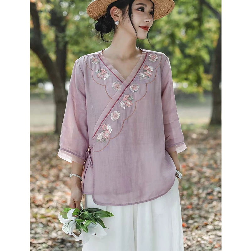 小果家 复古苎麻刺绣衬衫女夏季欧根纱拼接斜襟系带薄款茶服上衣