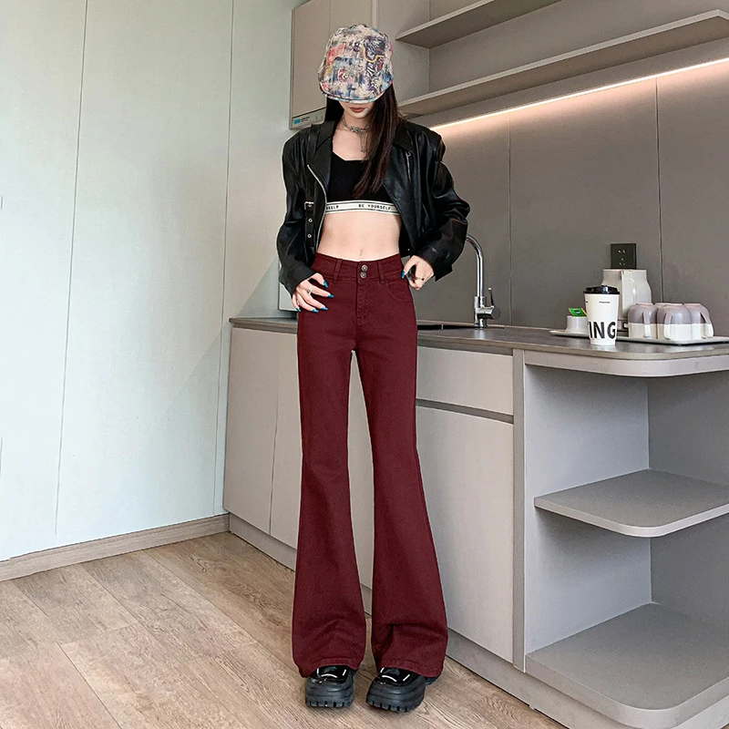 咖色美式阔腿喇叭牛仔裤女2025夏季弹力梨型身材遮胯棕色喇叭裤子