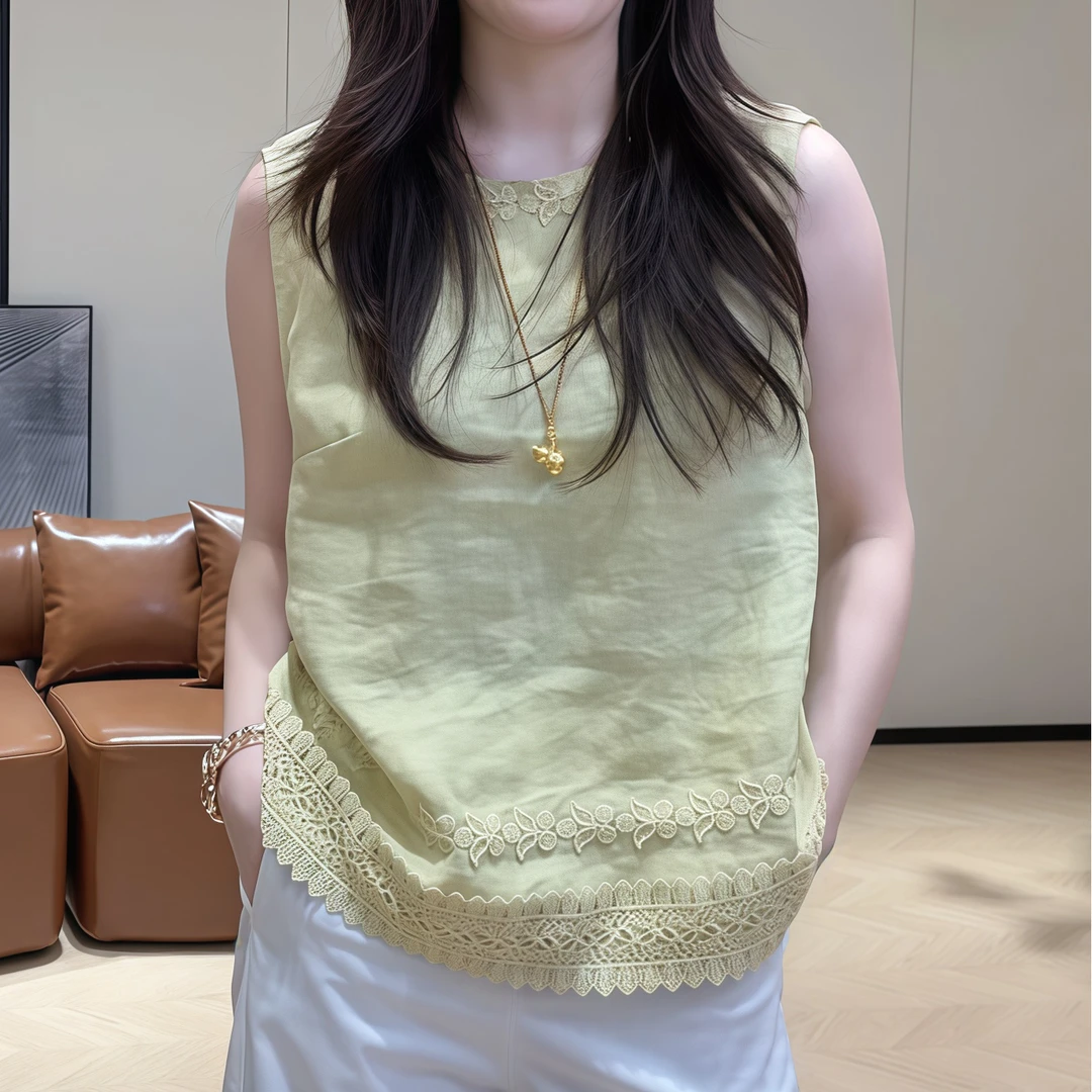 2025夏季新款刺绣花边圆领无袖宽松百搭中国风设计感简约洋气上衣
