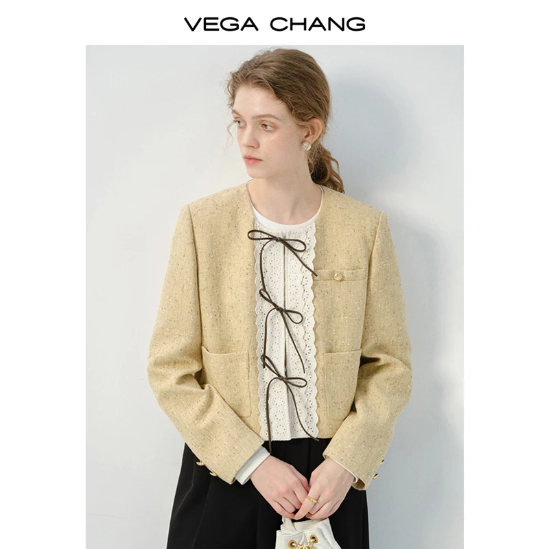 VEGA CHANG短外套女2025年春季新款花边法式高级感宽松圆领上衣
