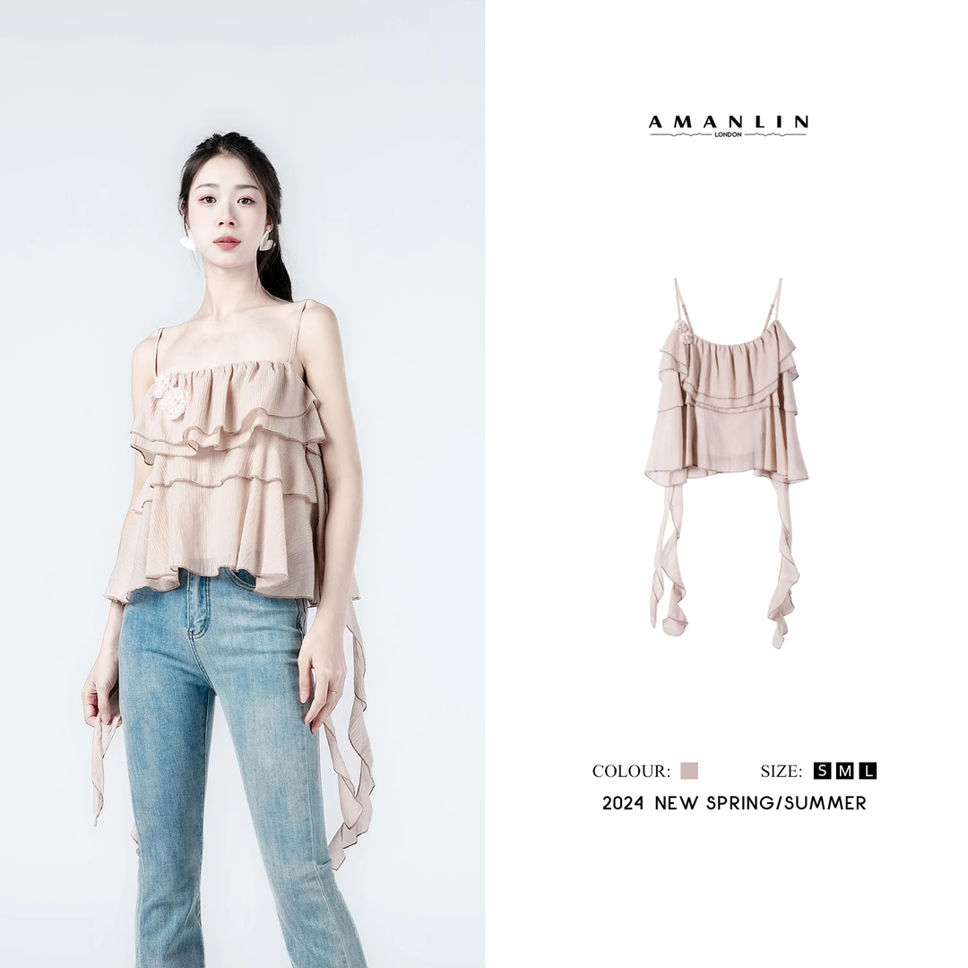 【AMANLIN】夏季时尚吊带荷叶边一字肩气质收腰系带上衣L592532