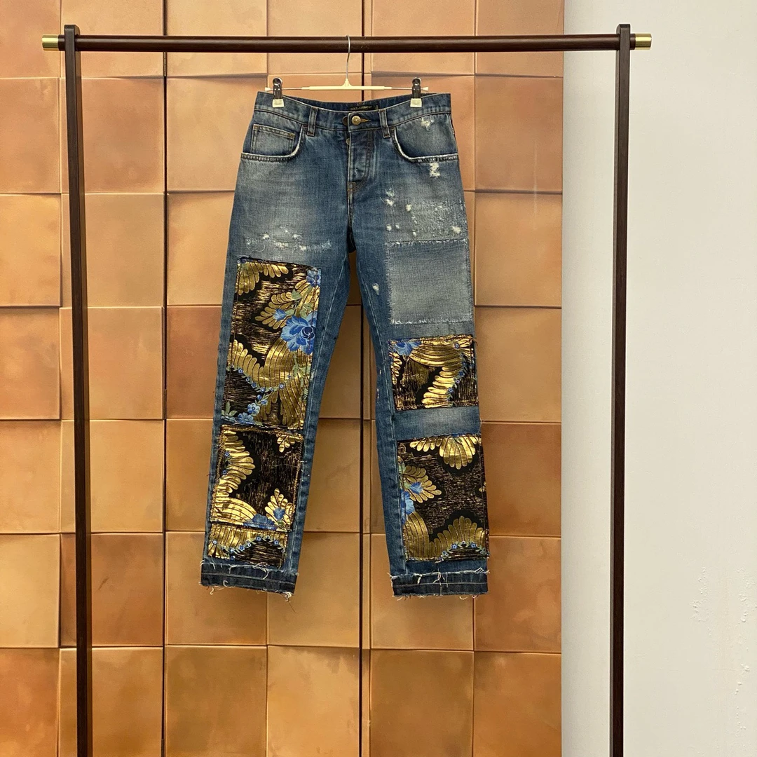 99新  DG 撞色烫金绣花破洞牛仔裤/36码/99新/29734