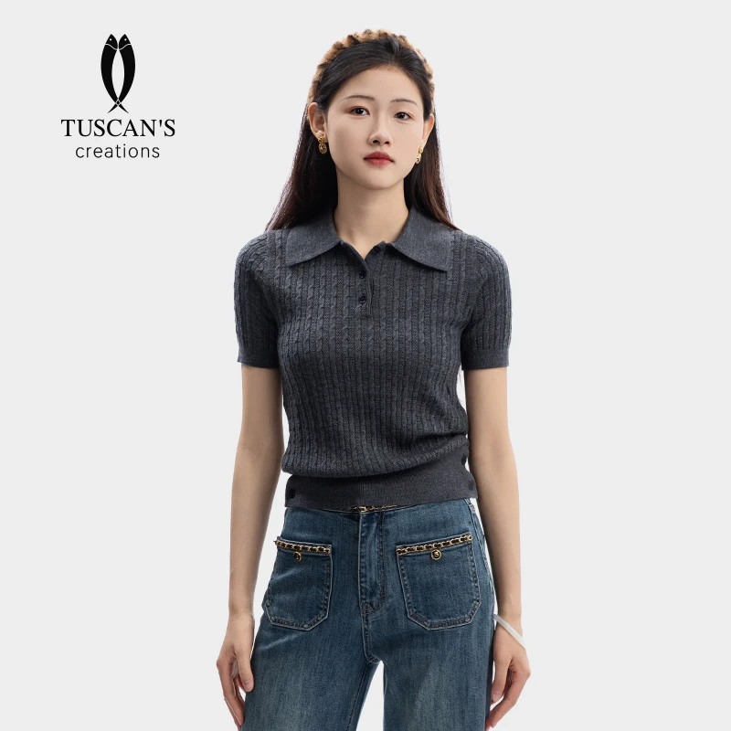 TUSCAN'S CREATIONS夏季修身短款休闲百搭polo羊毛衫简约翻领