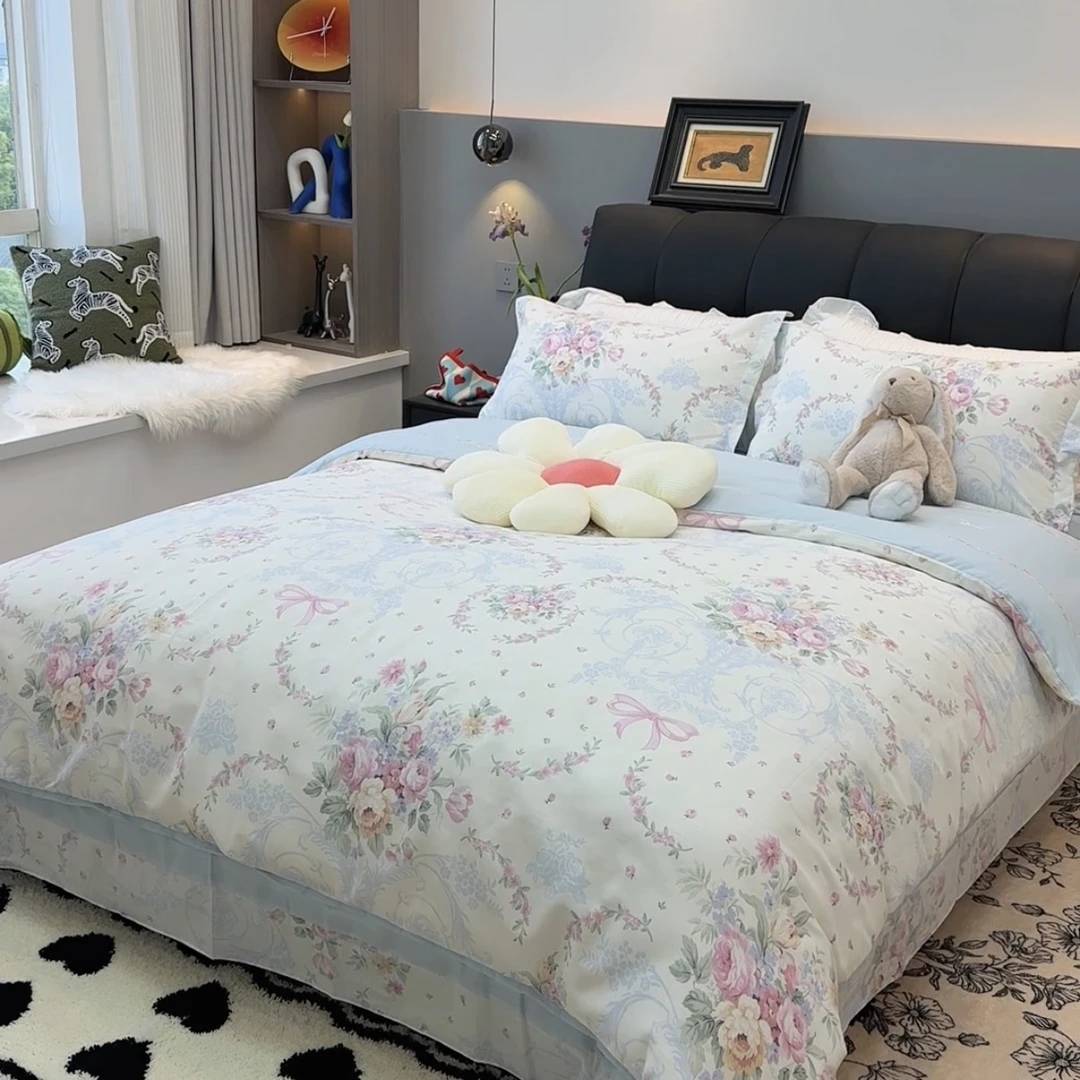 全棉四件套纯棉斜纹小清新印花被套四件套（D）