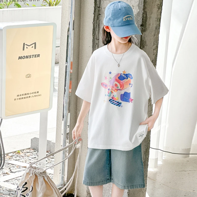 女童T恤夏装套装6-12岁潮款洋气儿童牛仔中裤两件套大童女孩衣服