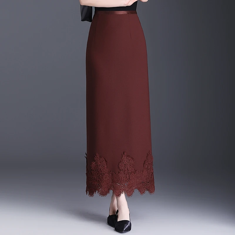 蕾丝拼接直筒长裙半身裙女春季2025新款高腰显瘦开叉包臀裙一步裙