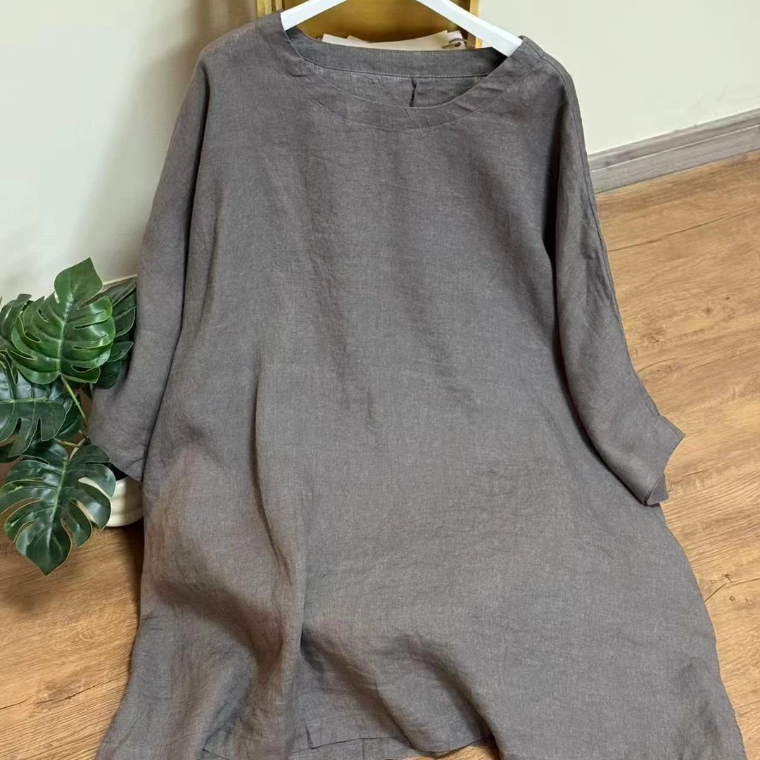 【云目悠悠】夏季亚麻女士短袖圆领百搭长款衬衫-2025651