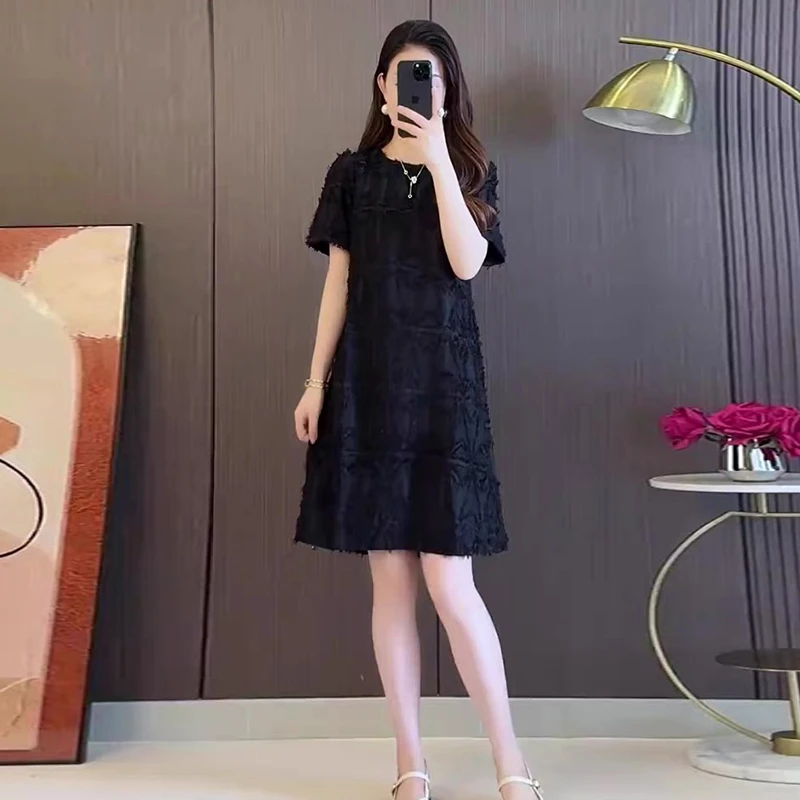 大码法式赫本风黑色连衣裙女夏季胖mm显瘦宽松遮肚减龄泡泡袖裙子