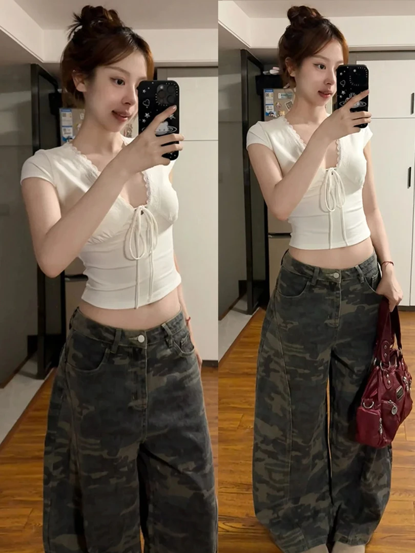 纯欲风甜美蕾丝深V领白色短袖t恤女夏季新款设计感修身短款上衣潮