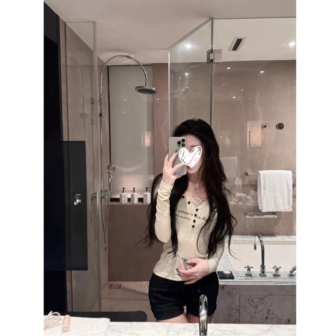 千禧古早字母印花小上衣*原创简约v领蕾丝休闲百搭长袖秋#Y8576