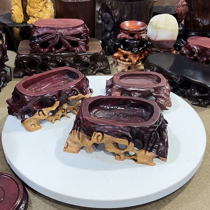 木三个红酸枝根雕挖槽底座