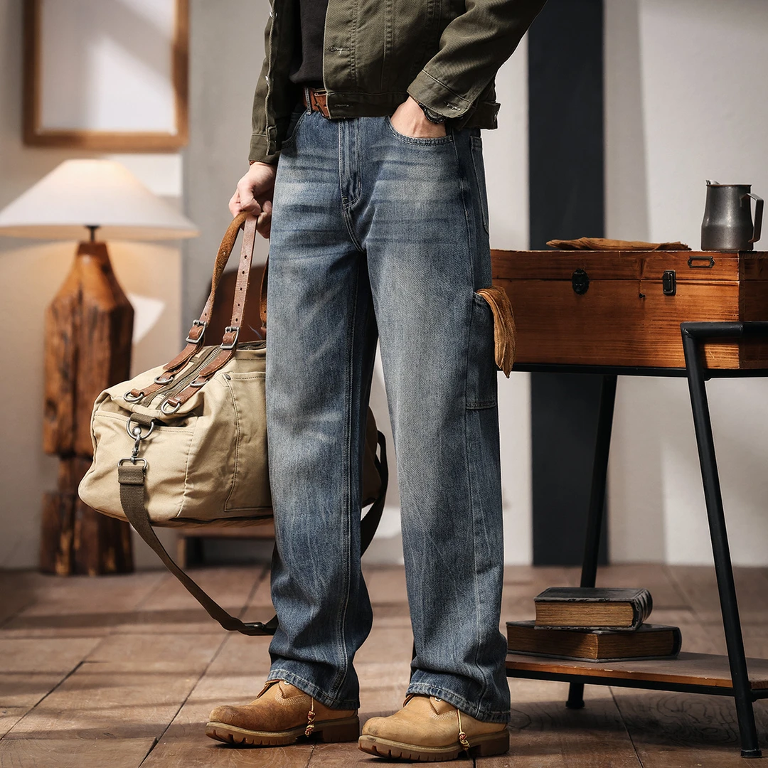 格蓝鹿美式复古工装牛仔裤男士春夏季潮牌宽松直筒蓝色水洗休闲裤