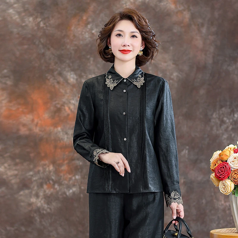 齐黛新中式35姆米龟裂纹香云纱上衣2025秋季新款长袖刺绣真丝衬衫