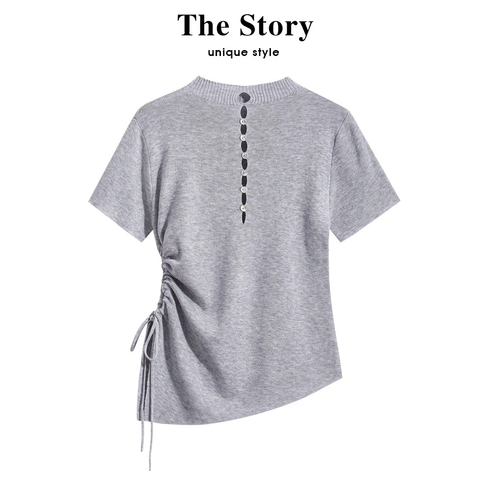 2025春季新款小众设计抽绳短袖针织T恤女韩版收腰显瘦短款上衣女