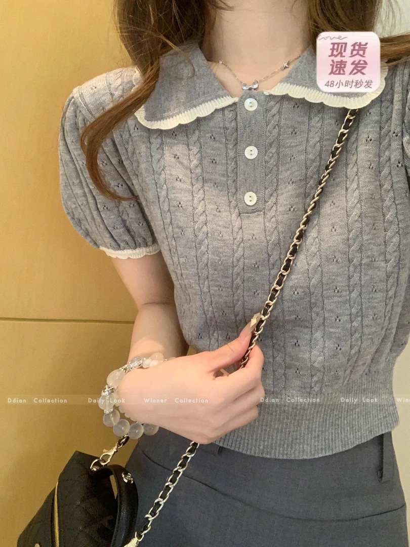 miu系娃娃领麻花针织短袖T恤女春夏纯欲bm内搭正肩短款泡泡袖上衣