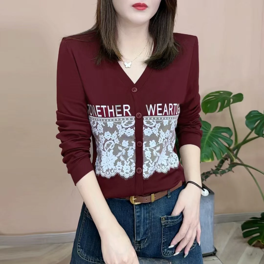 秋季时尚百搭气质修身显瘦洋气德绒保暖印花V领打底衫女士T恤上衣