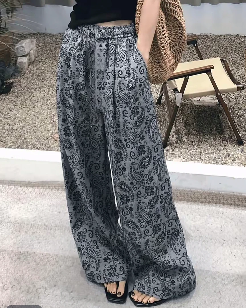 2025夏季女款复古阔腿裤印花休闲高腰显瘦宽松裤潮流拖地百搭
