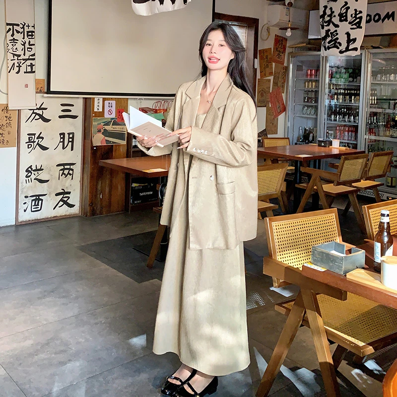 春秋季显瘦高级感吊带连衣裙两件套气质女神范西装松弛感女装套装