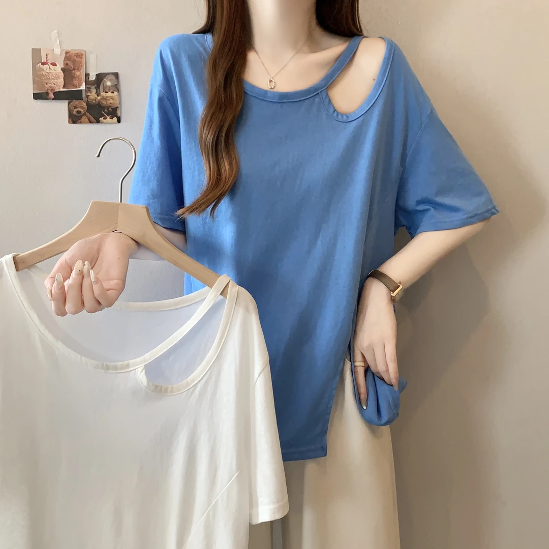 大码女装胖MM宽松显瘦不规则短袖T恤遮肚子夏慵懒风别致开叉上衣