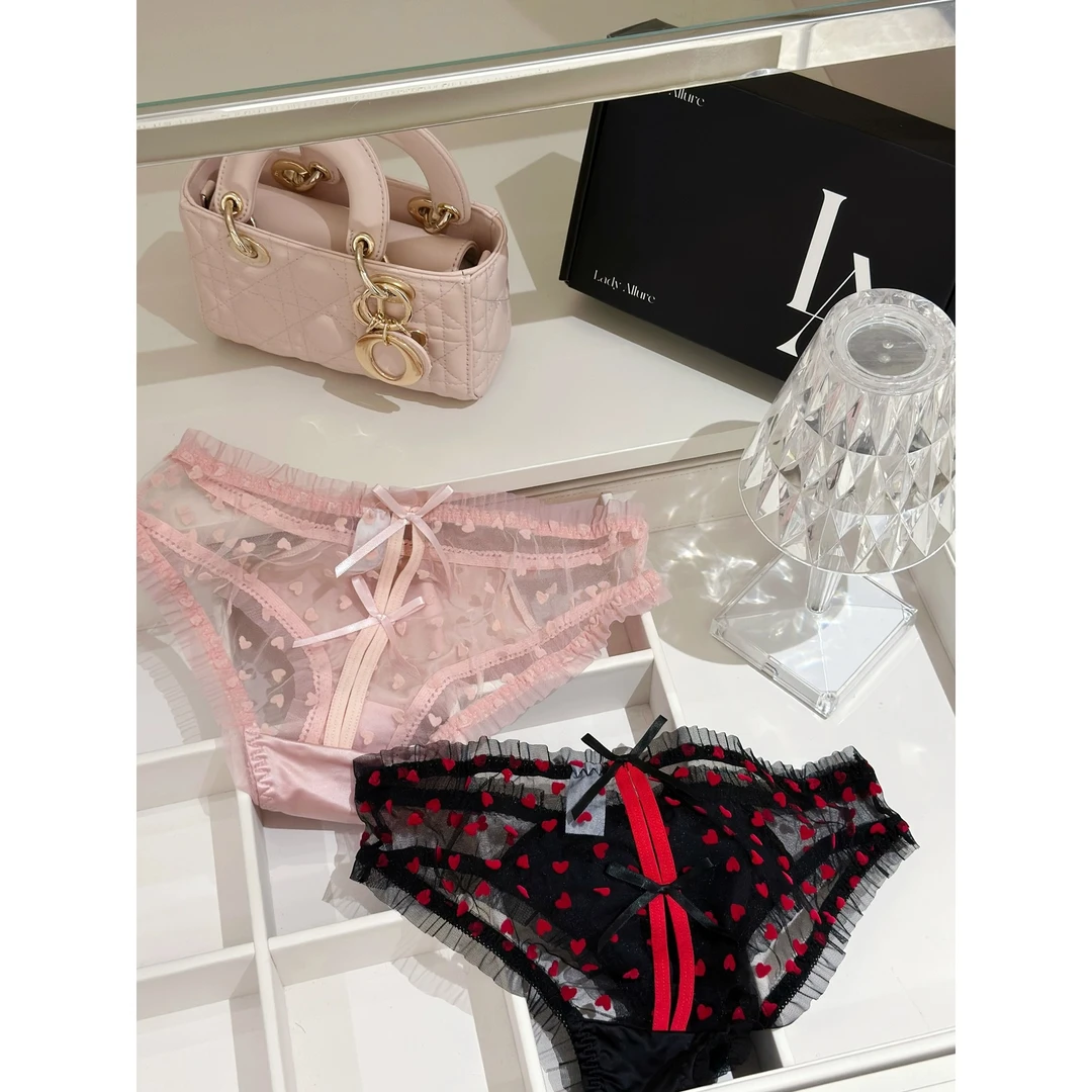 「LA」桃心蜜恋*性感蕾丝三角内裤女纯欲低腰蝴蝶结缎面透气内衣