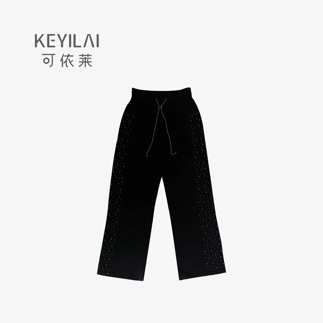 KYL可依莱-黑色重工烫钻休闲百搭阔腿裤DX5V0504