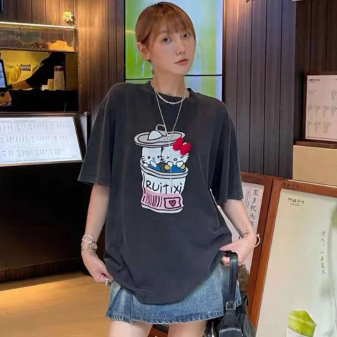 【济州岛】甜酷立体蝴蝶结kitty猫印花水洗短袖