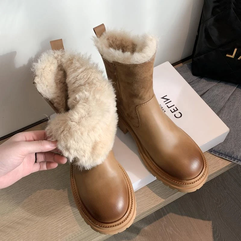 欧货冬季羊毛棕色雪地靴女圆头真皮加绒短靴大棉加厚棉鞋保暖女鞋