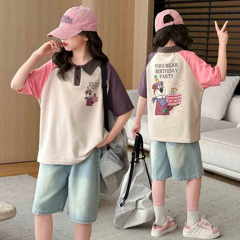 女童夏季套装2025新款网红短袖t恤polo衫牛仔短裤儿童休闲两件套