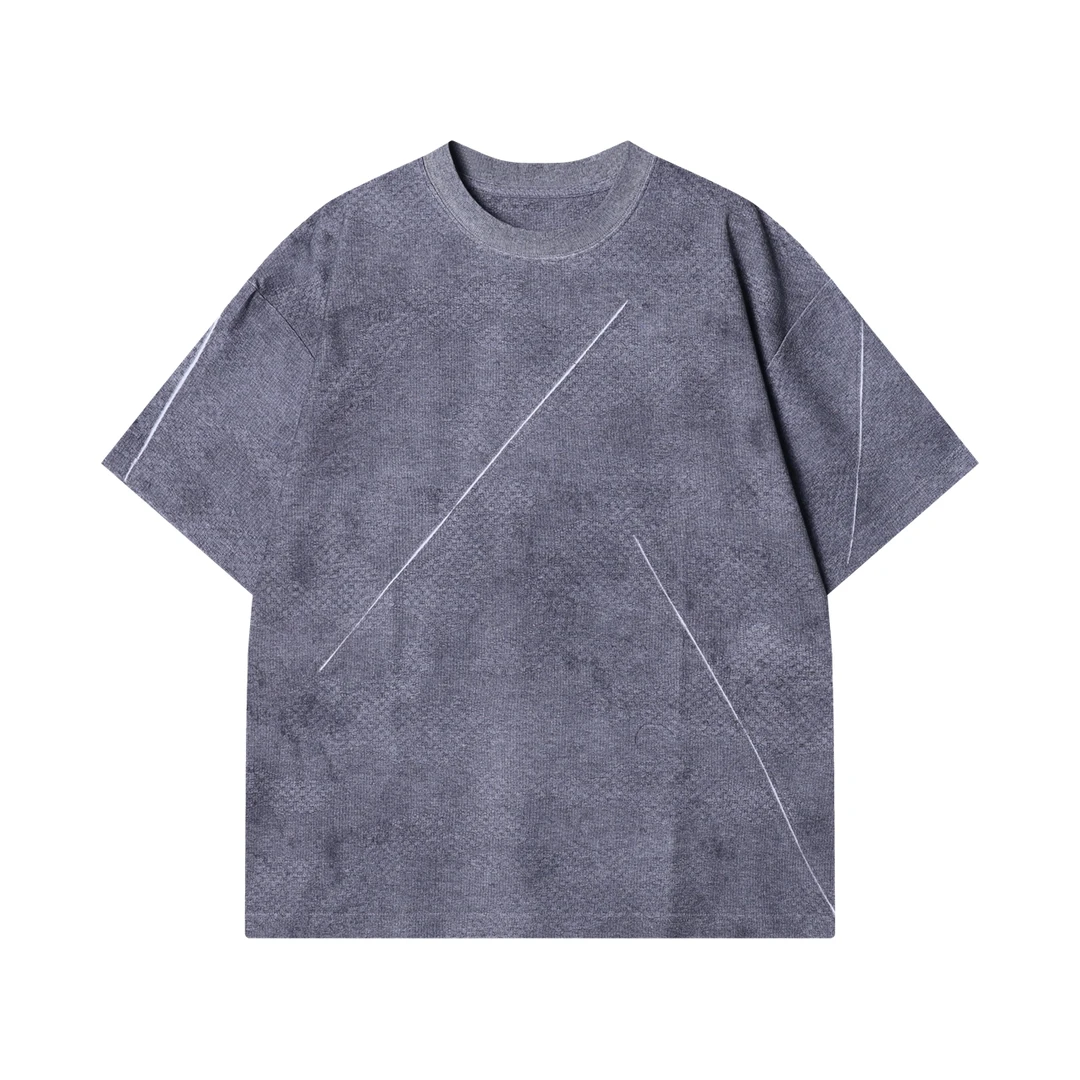 夏季高级感新款美式重磅扎染线条圆领短袖T恤小众设计百搭上衣